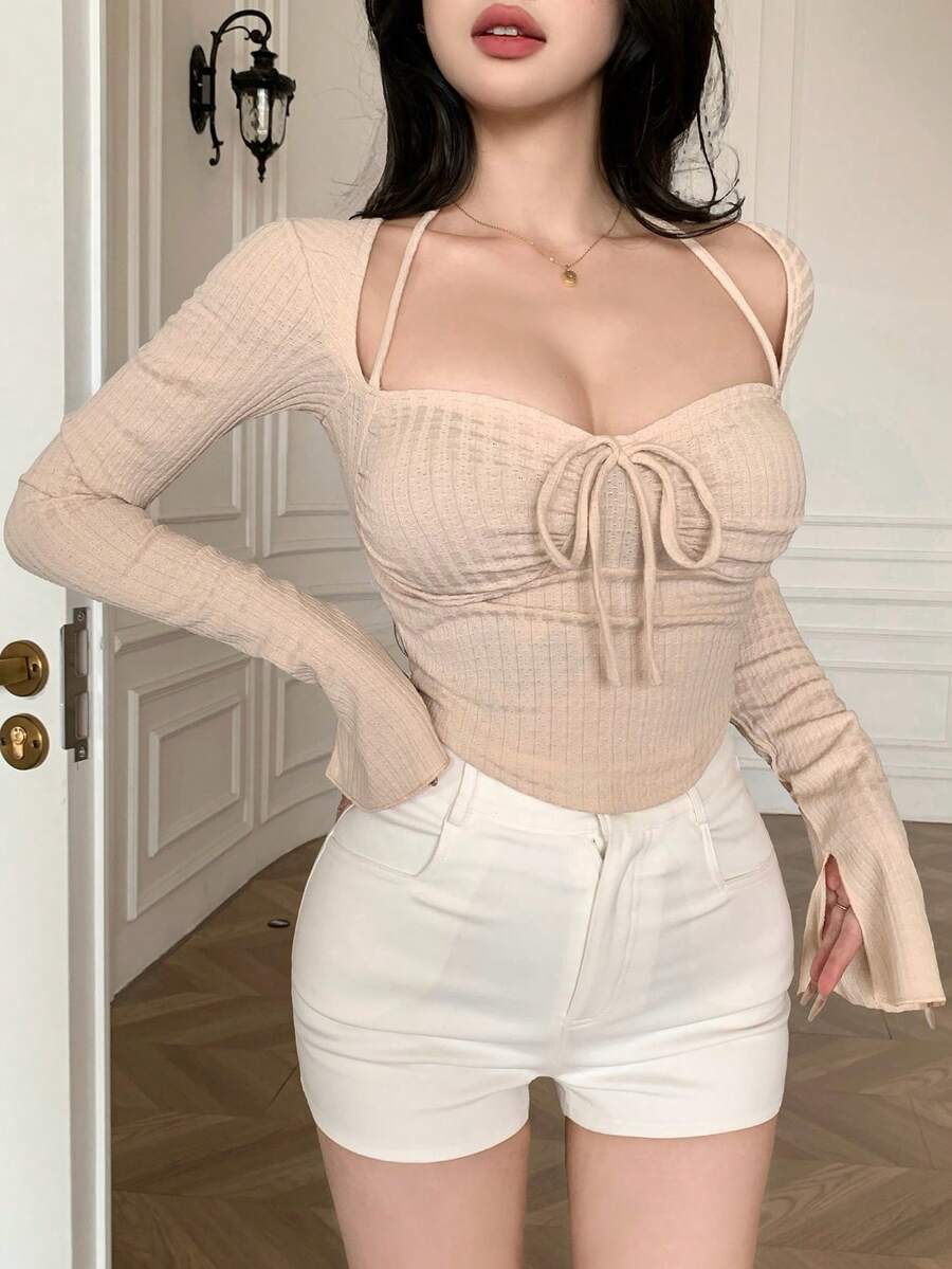 DAZY Women Chic Brown Floral Mesh Long Sleeve Crop Top