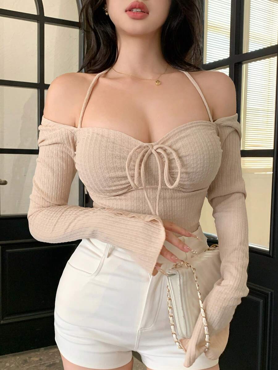 DAZY Women Chic Brown Floral Mesh Long Sleeve Crop Top