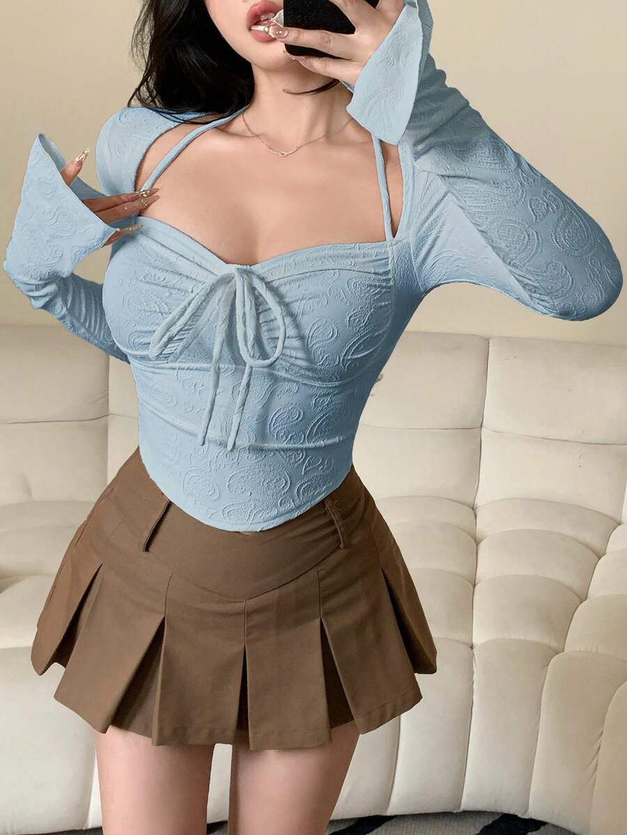 DAZY Women Chic Brown Floral Mesh Long Sleeve Crop Top