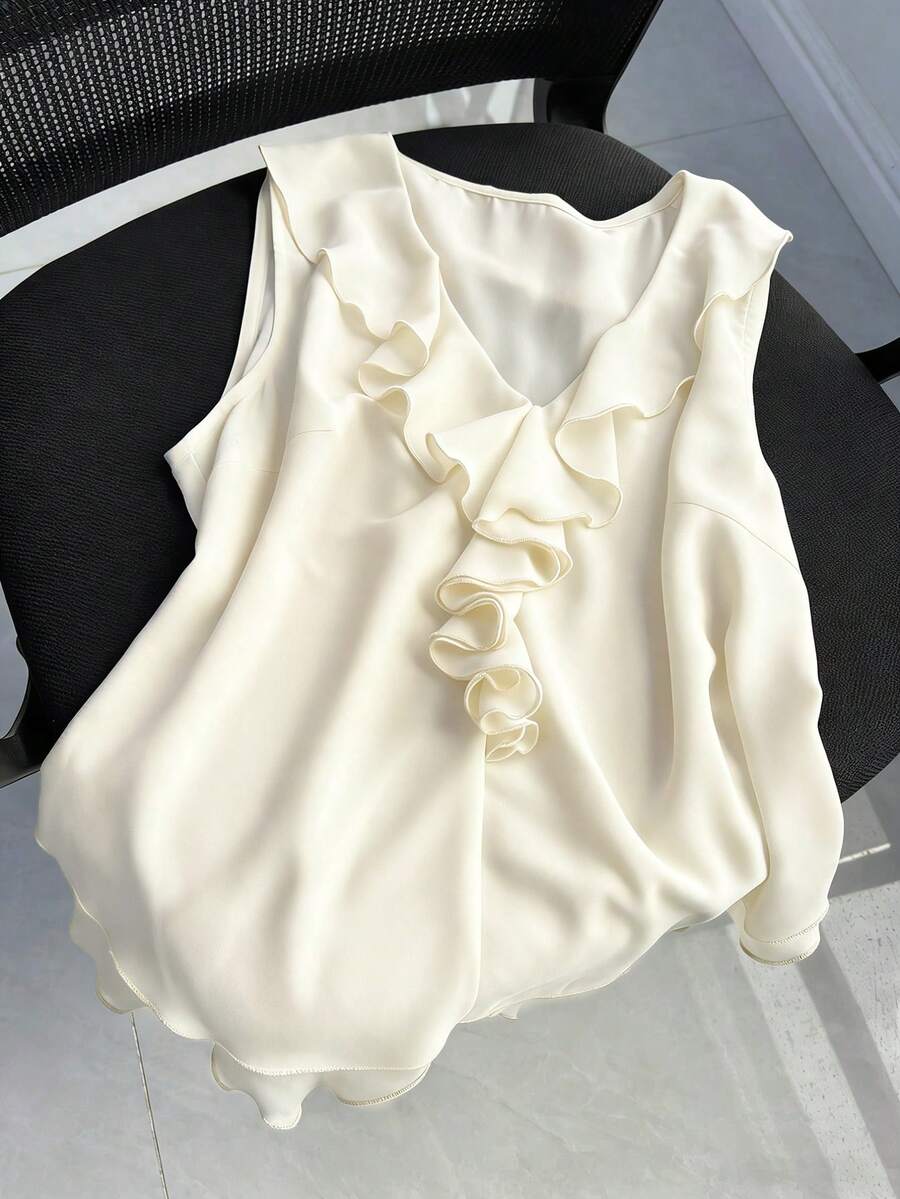 Sleeveless V-Neck Ruffle Blouse For Women