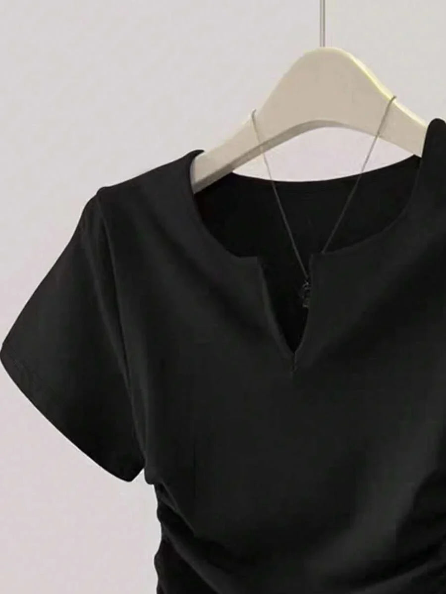 Women's Solid Color Pleated Casual Versatile Daily Wear Short Sleeve T-Shirt