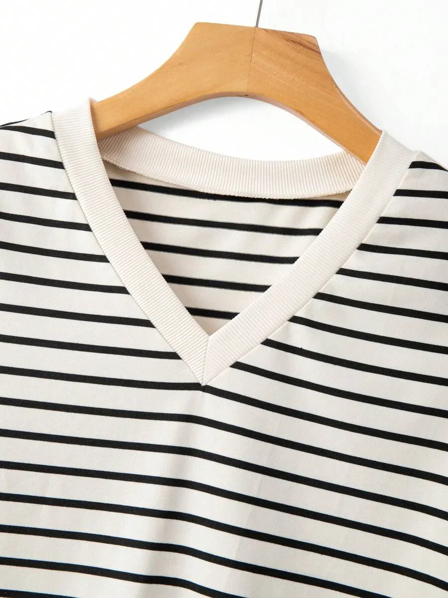 Striped V-Neck Short Sleeve T-Shirt For Women