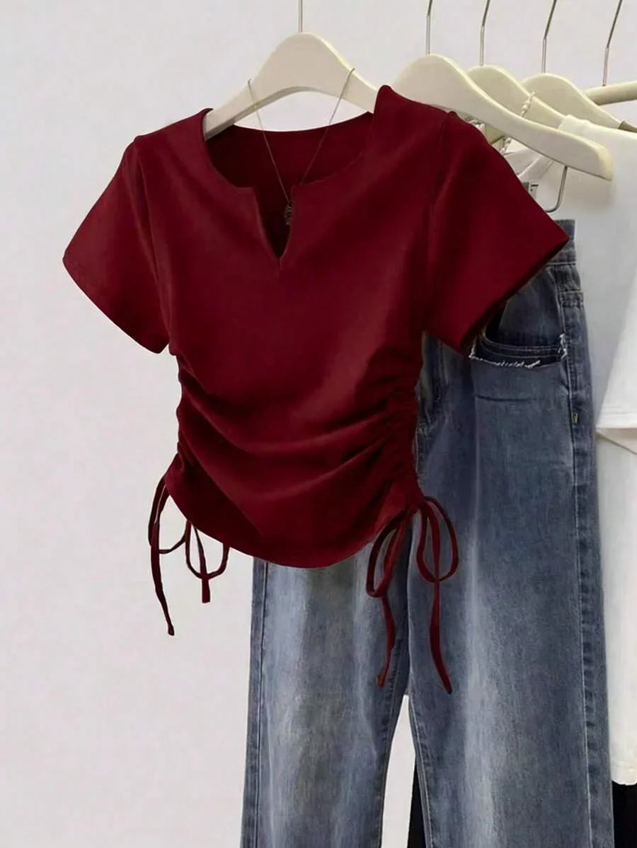 Women's Solid Color Pleated Casual Versatile Daily Wear Short Sleeve T-Shirt