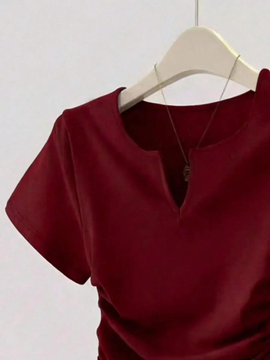 Women's Solid Color Pleated Casual Versatile Daily Wear Short Sleeve T-Shirt