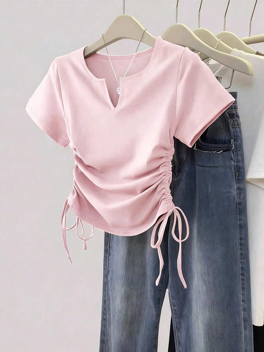 Women's Solid Color Pleated Casual Versatile Daily Wear Short Sleeve T-Shirt