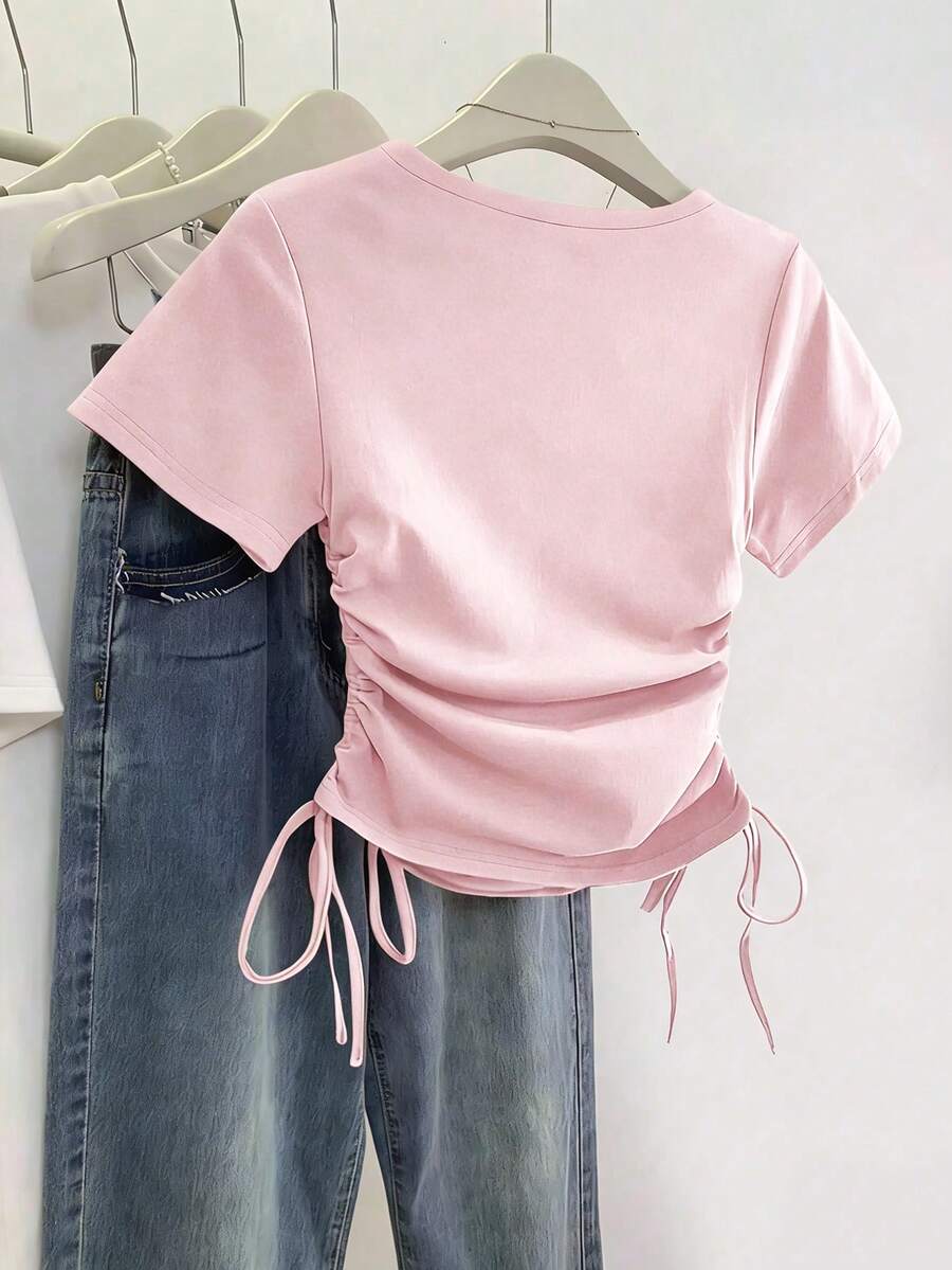 Women's Solid Color Pleated Casual Versatile Daily Wear Short Sleeve T-Shirt