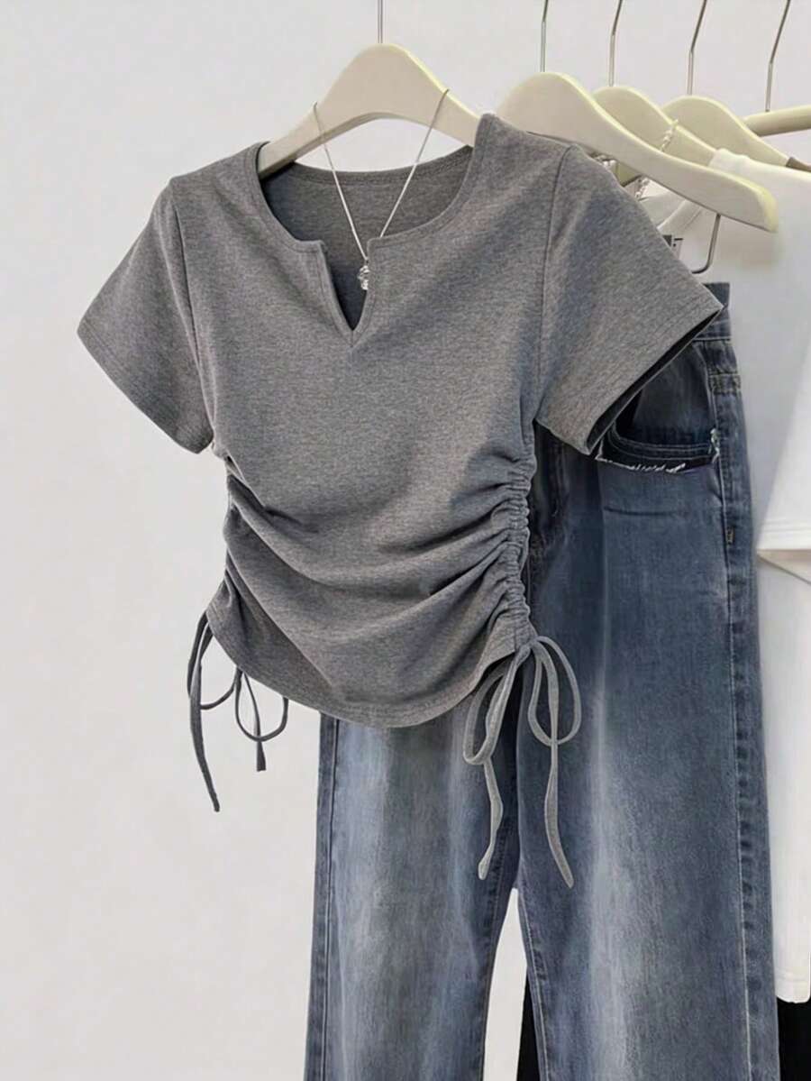 Women's Solid Color Pleated Casual Versatile Daily Wear Short Sleeve T-Shirt