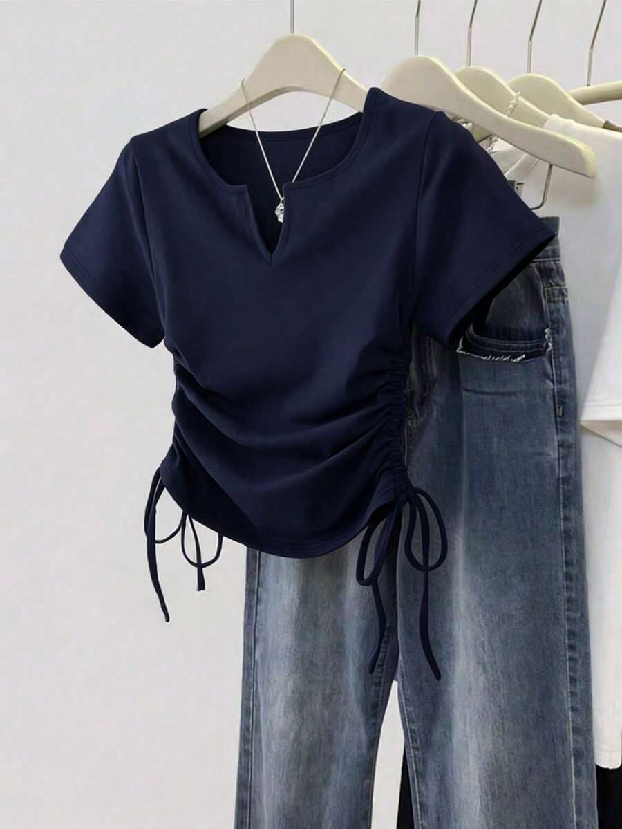 Women's Solid Color Pleated Casual Versatile Daily Wear Short Sleeve T-Shirt