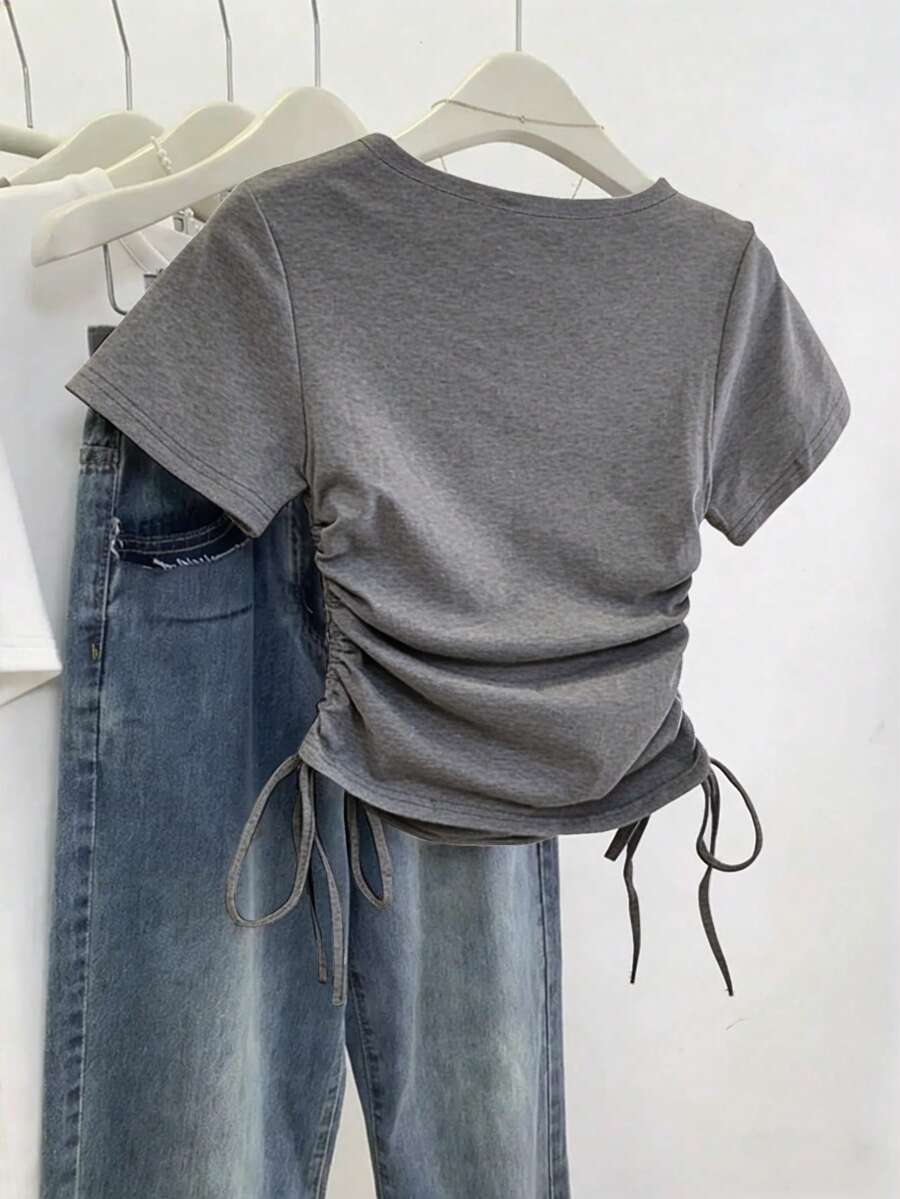 Women's Solid Color Pleated Casual Versatile Daily Wear Short Sleeve T-Shirt