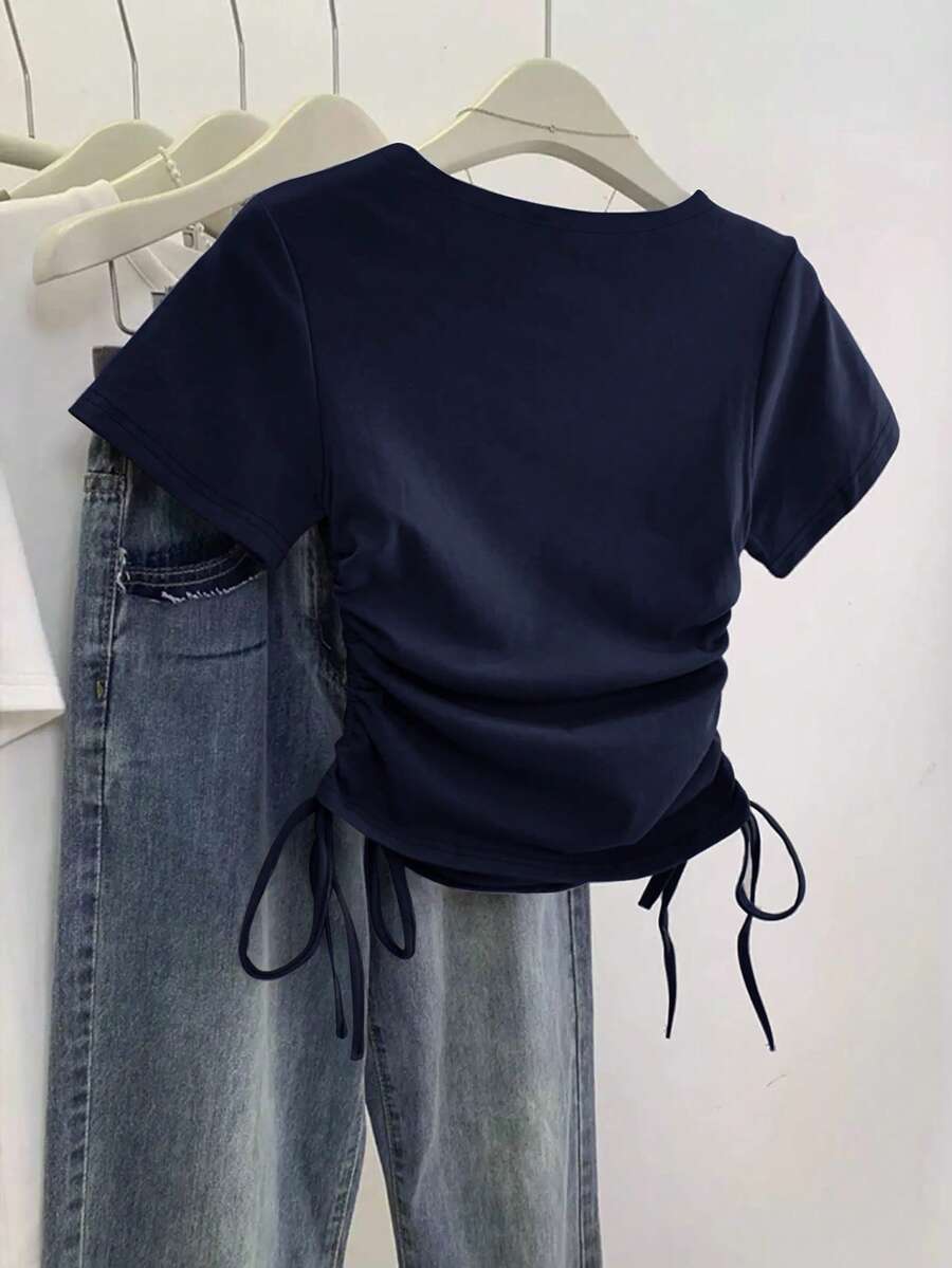 Women's Solid Color Pleated Casual Versatile Daily Wear Short Sleeve T-Shirt