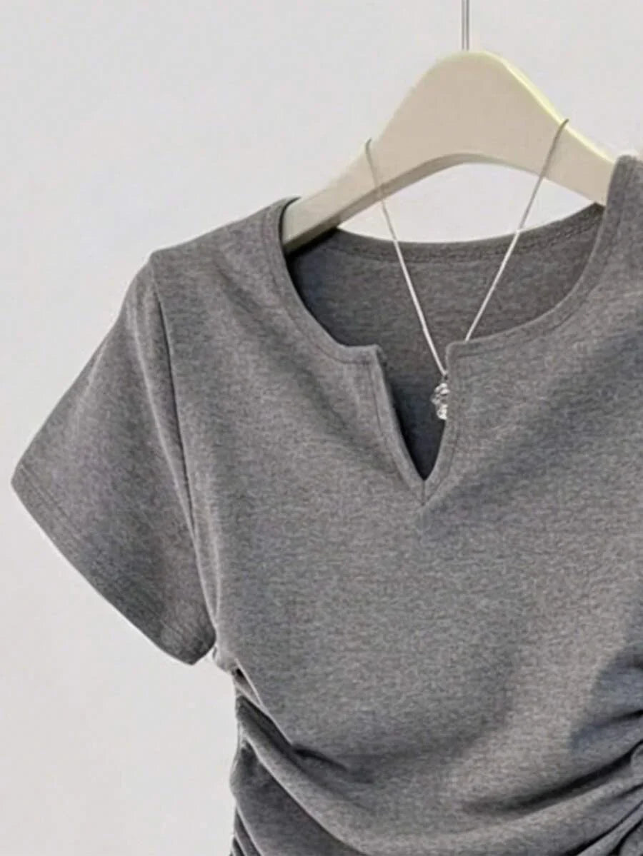 Women's Solid Color Pleated Casual Versatile Daily Wear Short Sleeve T-Shirt