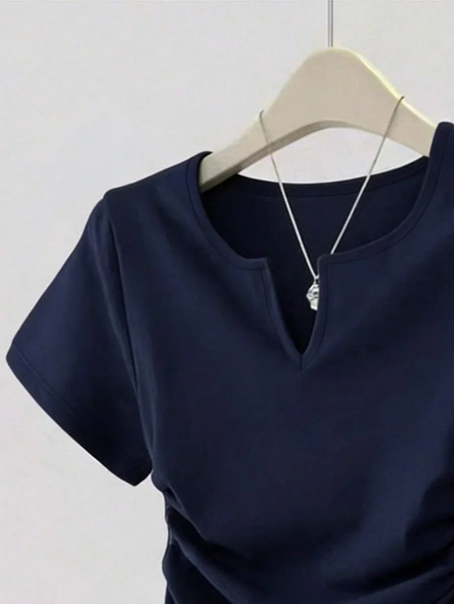 Women's Solid Color Pleated Casual Versatile Daily Wear Short Sleeve T-Shirt