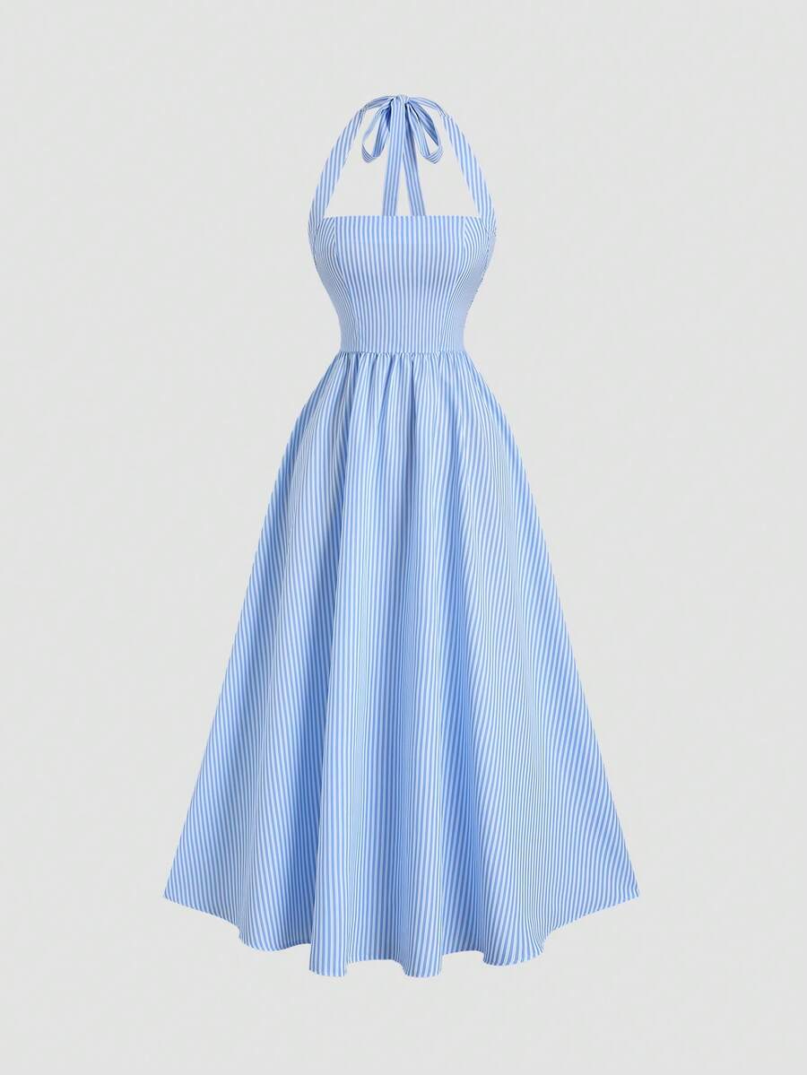 Sunnyshic Women's Blue & White Striped Strapless Backless A-Line dress