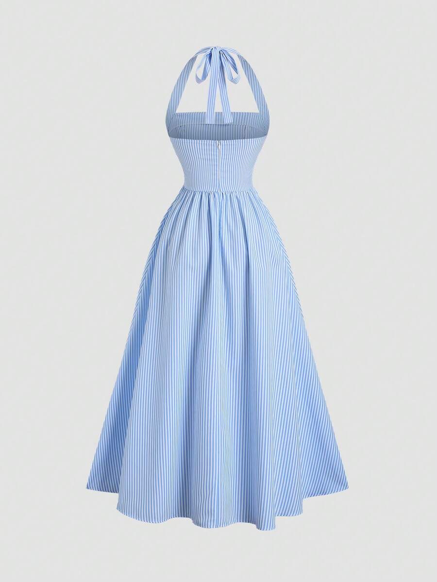 Sunnyshic Women's Blue & White Striped Strapless Backless A-Line dress
