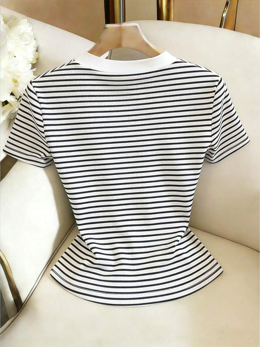 V-Neck Ribbed Short Sleeve Faux Placket Design Elegant Fitted Casual T-Shirt For Women