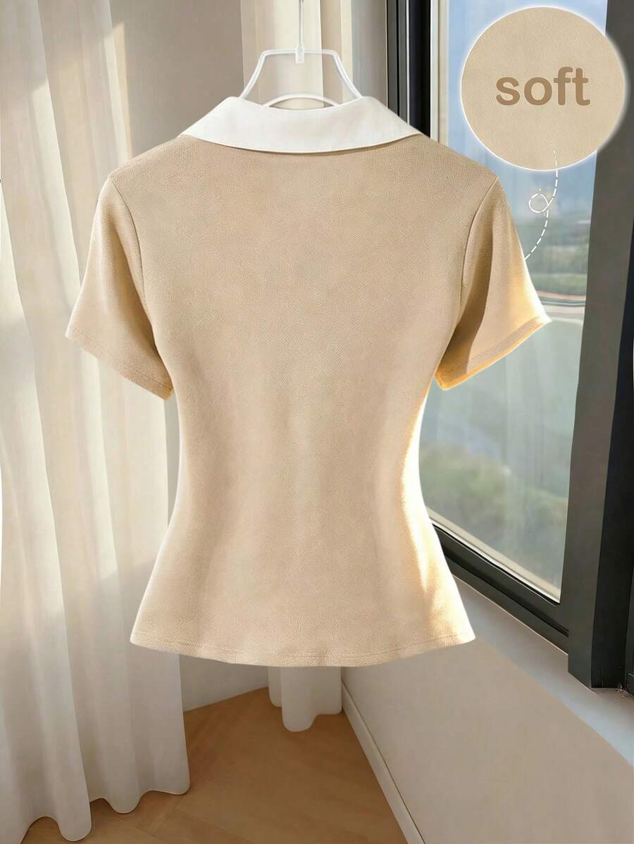 Franclia Women's Beige Summer Casual Elegent Office Shirt Collar Contrasting Color Pleated Top,Formal Business Work Commuting Wear,Fashionable Teacher Attire