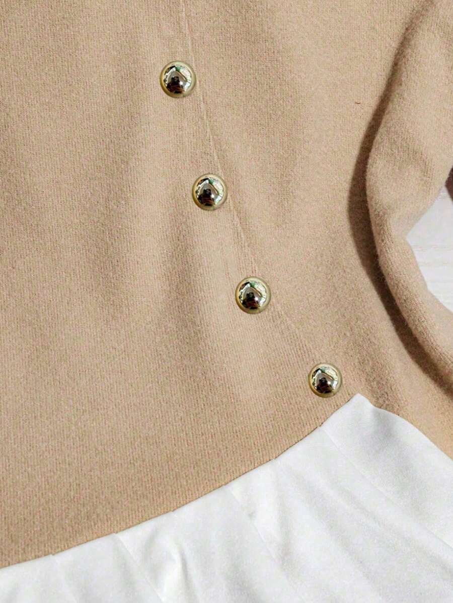 Franclia Women's Beige Summer Casual Elegent Office Shirt Collar Contrasting Color Pleated Top,Formal Business Work Commuting Wear,Fashionable Teacher Attire