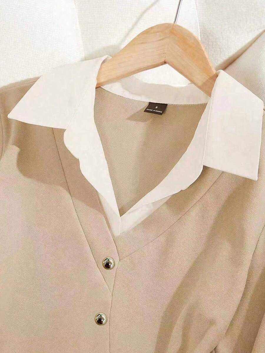 Franclia Women's Beige Summer Casual Elegent Office Shirt Collar Contrasting Color Pleated Top,Formal Business Work Commuting Wear,Fashionable Teacher Attire