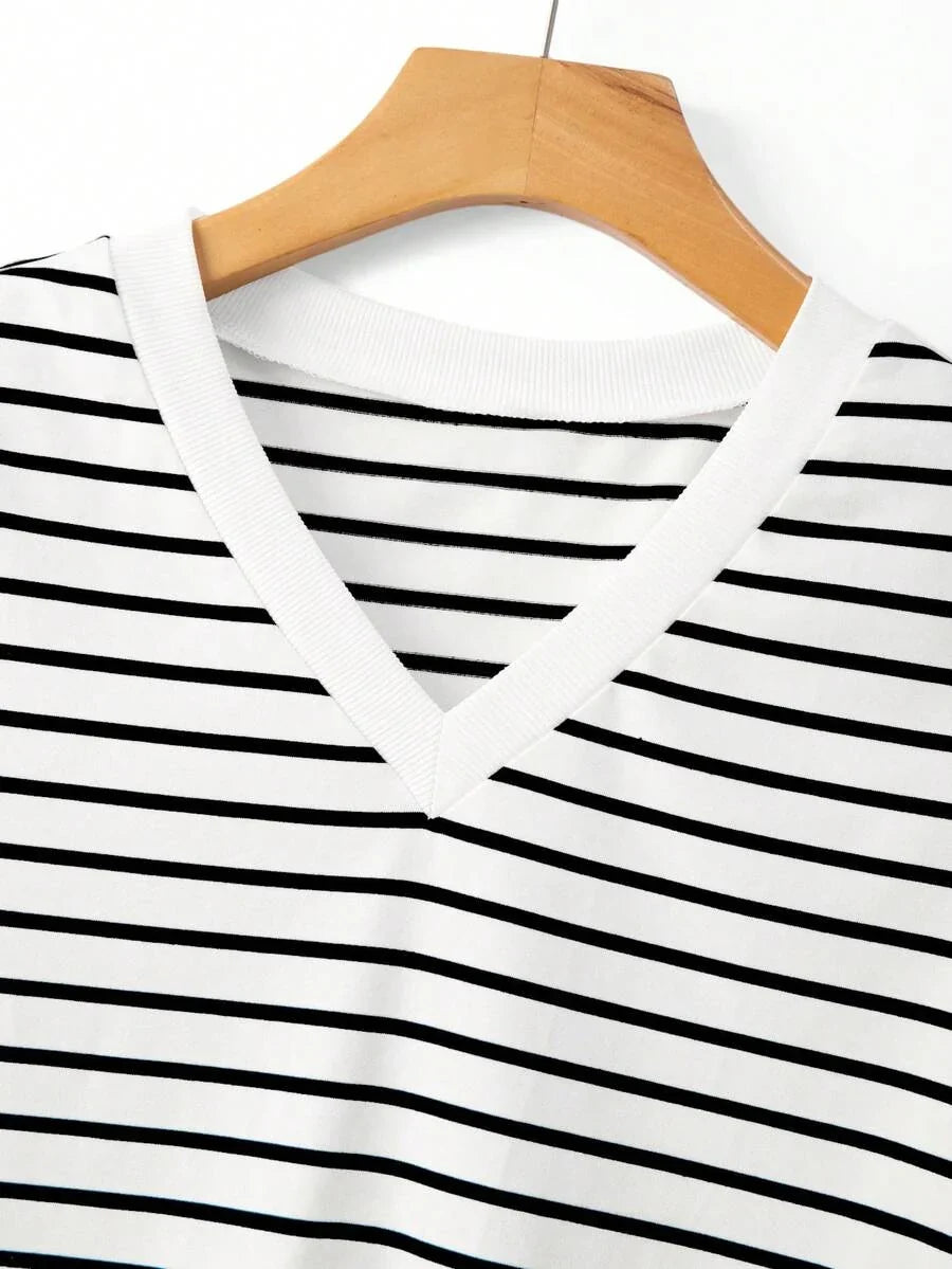Striped V-Neck Short Sleeve T-Shirt For Women