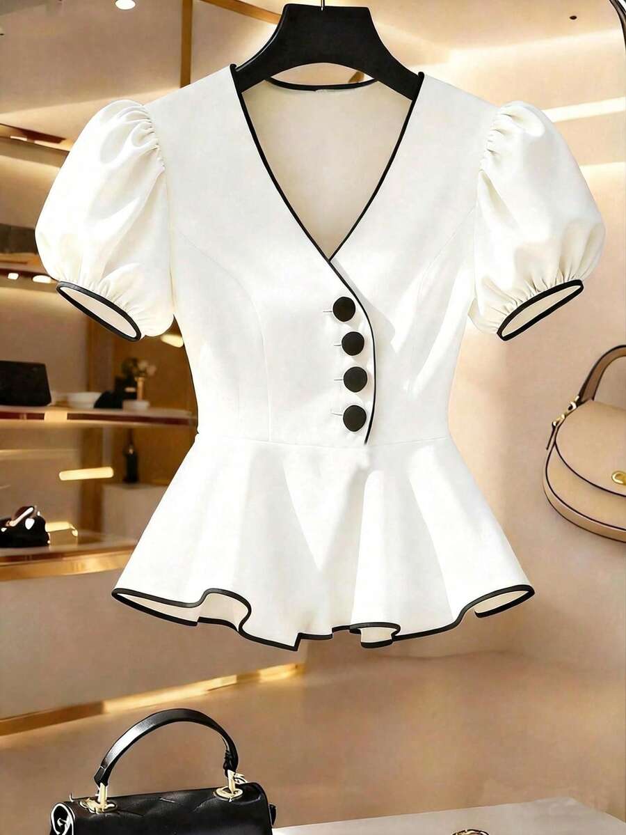 Franclia Women's Summer V-Neck Puff Sleeve Peplum Top