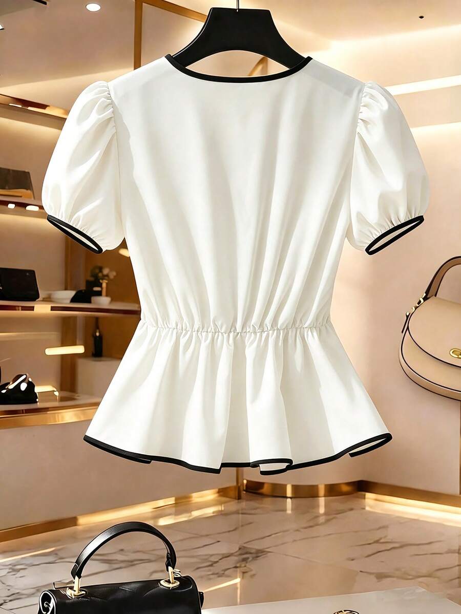 Franclia Women's Summer V-Neck Puff Sleeve Peplum Top
