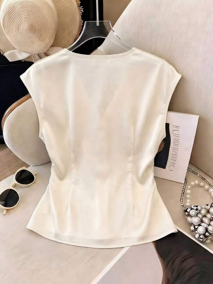 Franclia French Elegance Women's Off-White Satin Shirt,Summer V-Neck Button-Down