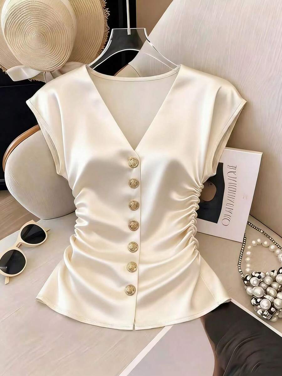 Franclia French Elegance Women's Off-White Satin Shirt,Summer V-Neck Button-Down