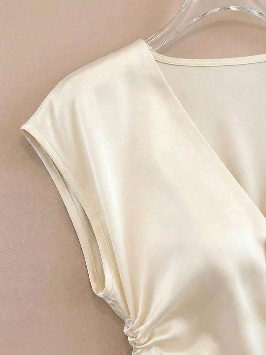 Franclia French Elegance Women's Off-White Satin Shirt,Summer V-Neck Button-Down