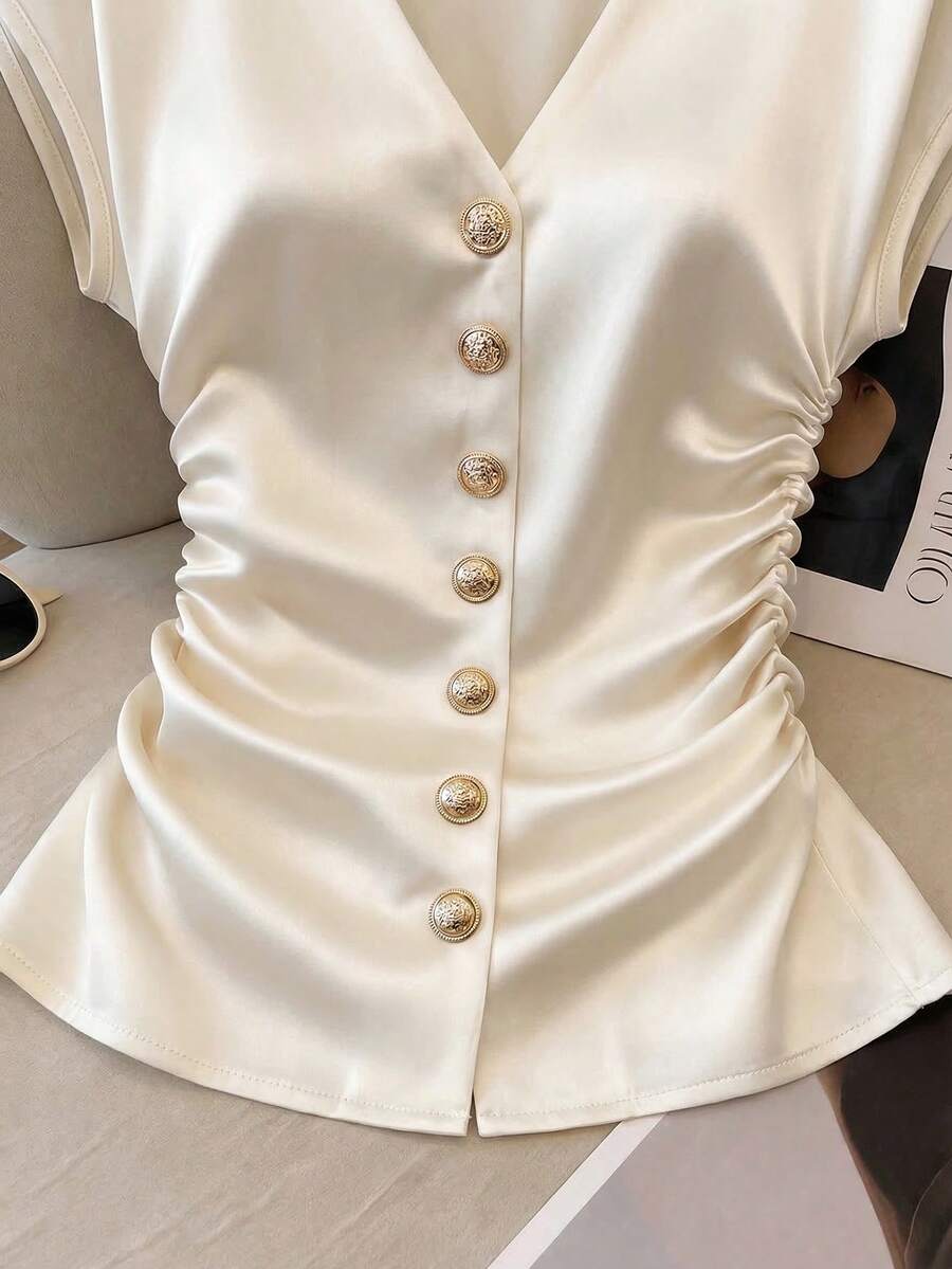 Franclia French Elegance Women's Off-White Satin Shirt,Summer V-Neck Button-Down