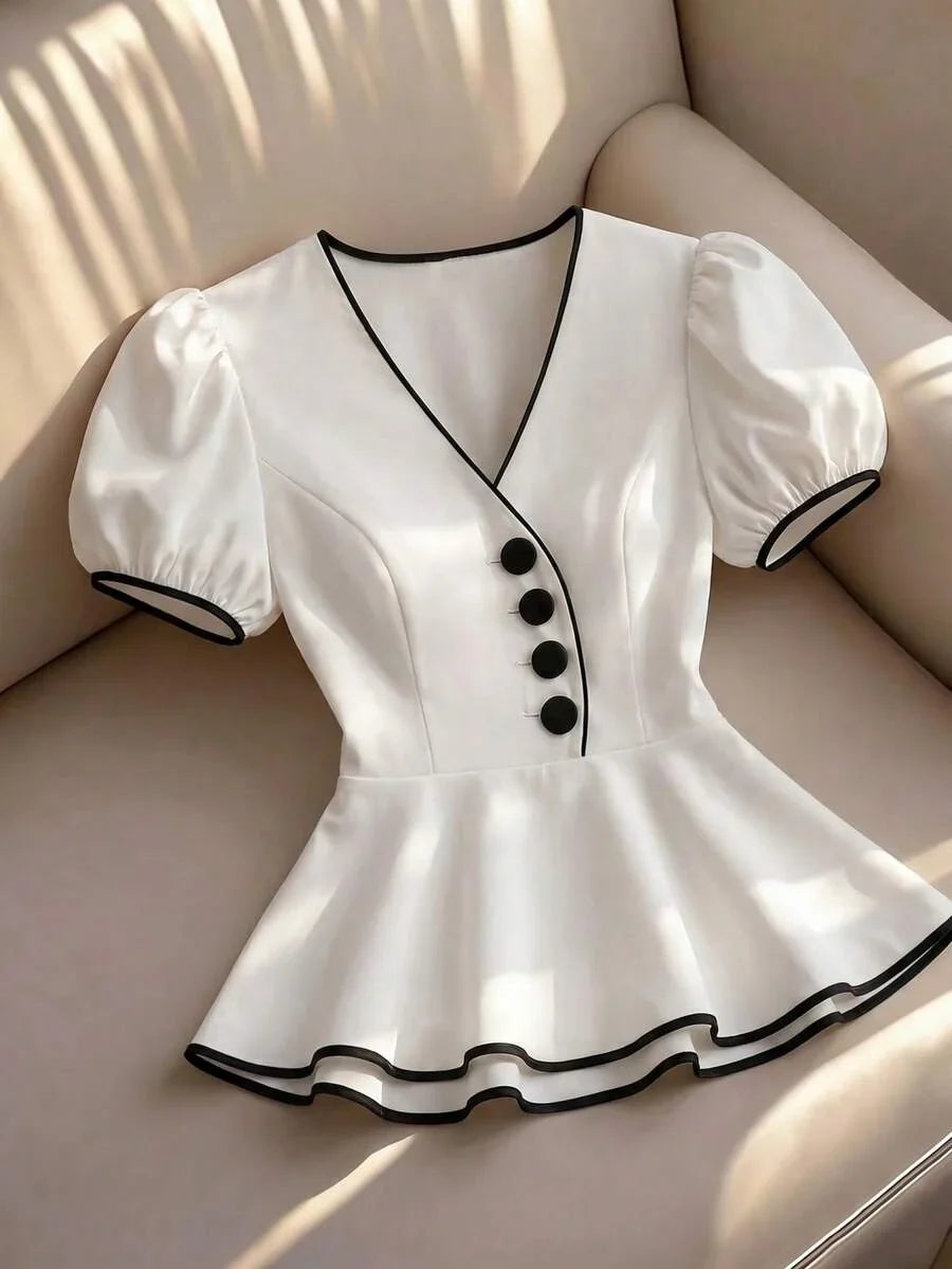 Franclia Women's Summer V-Neck Puff Sleeve Peplum Top