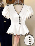 Franclia Women's Summer V-Neck Puff Sleeve Peplum Top