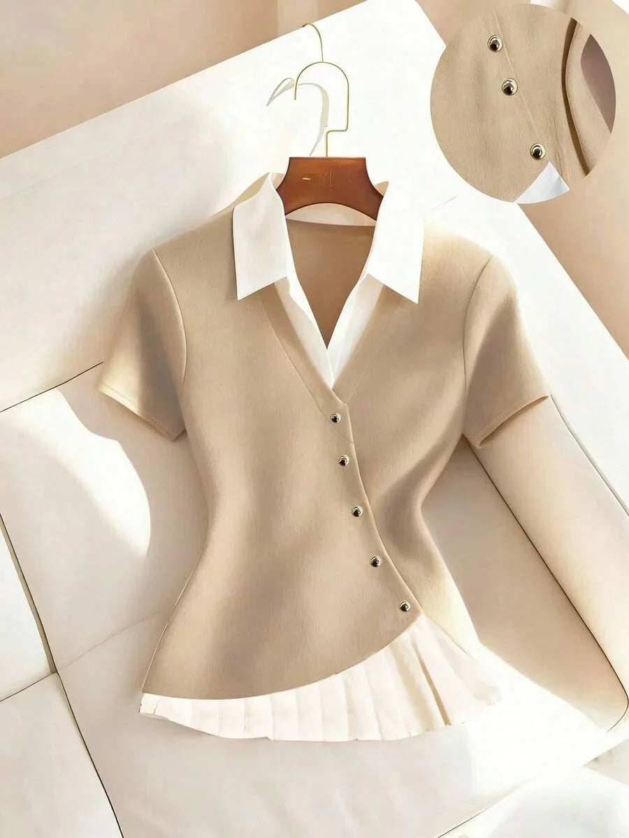 Franclia Women's Beige Summer Casual Elegent Office Shirt Collar Contrasting Color Pleated Top,Formal Business Work Commuting Wear,Fashionable Teacher Attire