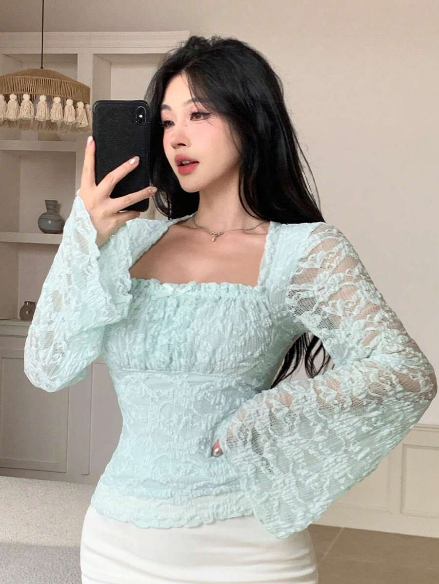DAZY Women Chic Brown Floral Mesh Long Sleeve Crop Top