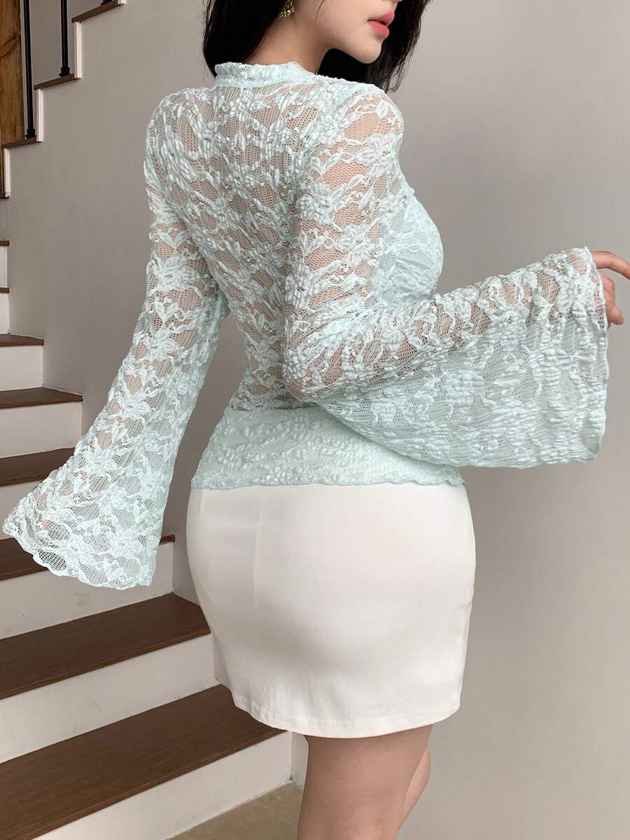 DAZY Women Chic Brown Floral Mesh Long Sleeve Crop Top