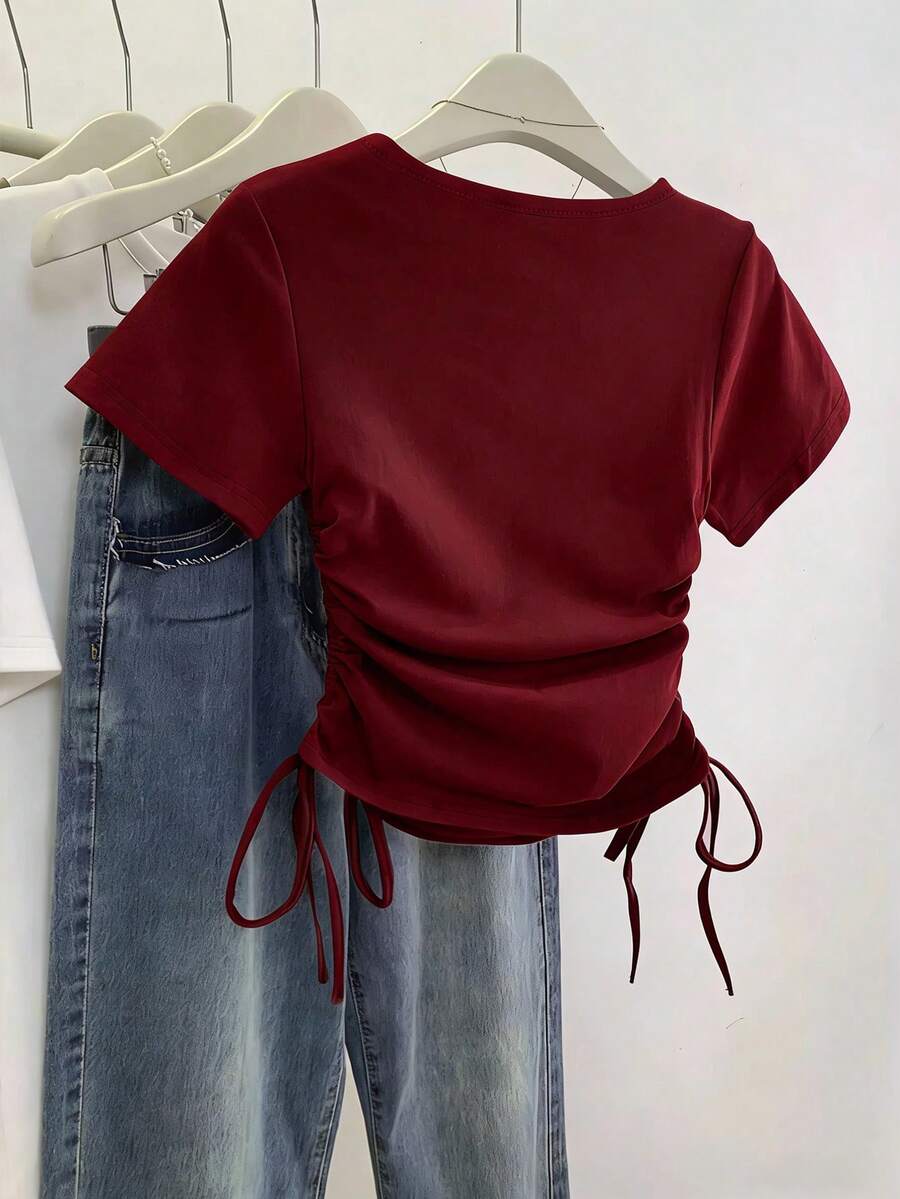 Women's Solid Color Pleated Casual Versatile Daily Wear Short Sleeve T-Shirt