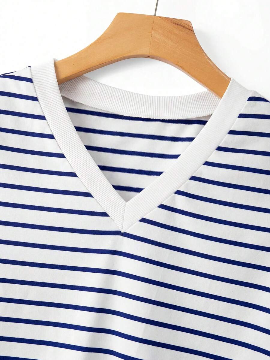 Striped V-Neck Short Sleeve T-Shirt For Women