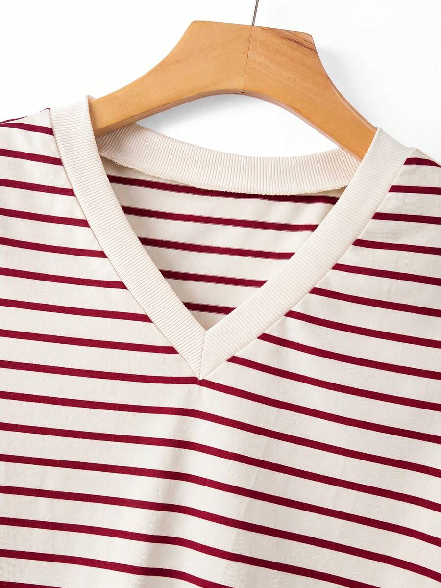 Striped V-Neck Short Sleeve T-Shirt For Women