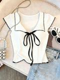 Women's Bow Tie V-Neck Blouse,White And Black Contrast Trim Slim Fit Tee