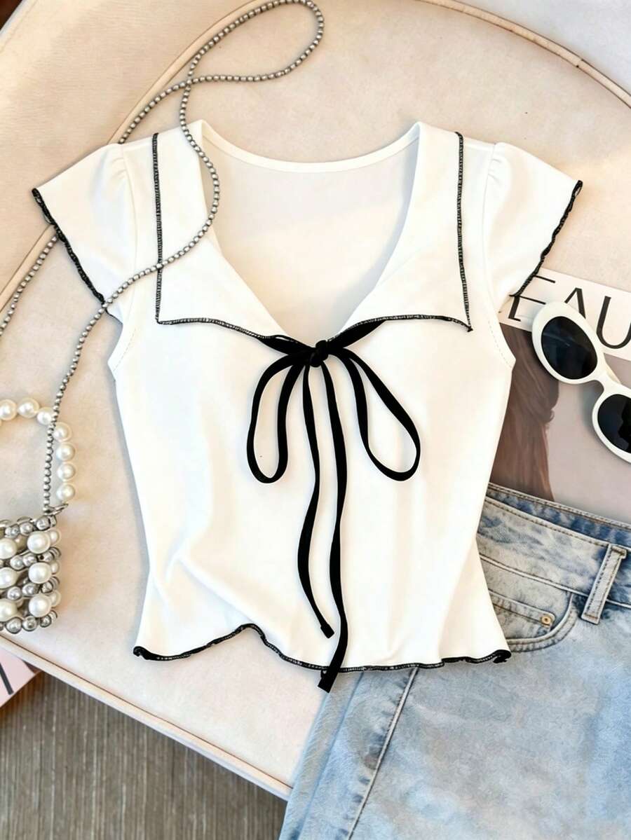 Women's Bow Tie V-Neck Blouse,White And Black Contrast Trim Slim Fit Tee