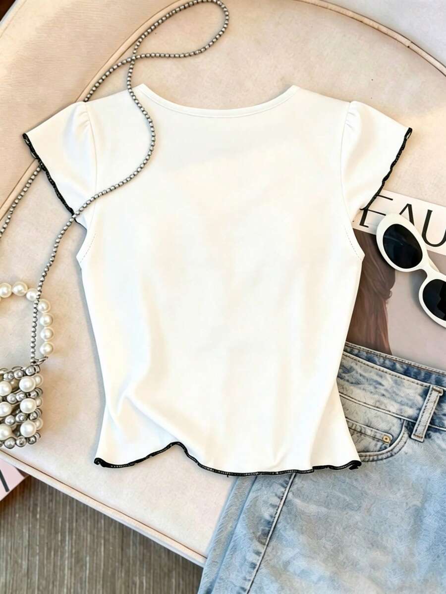 Women's Bow Tie V-Neck Blouse,White And Black Contrast Trim Slim Fit Tee