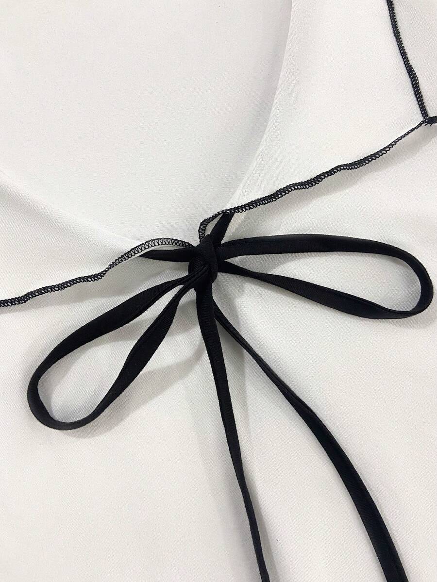 Women's Bow Tie V-Neck Blouse,White And Black Contrast Trim Slim Fit Tee
