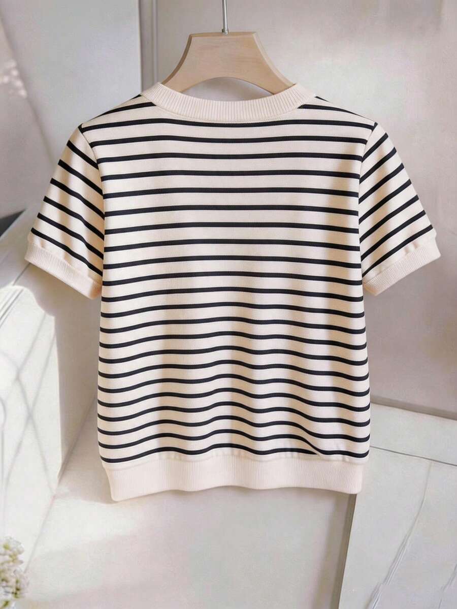 Striped V-Neck Short Sleeve T-Shirt For Women