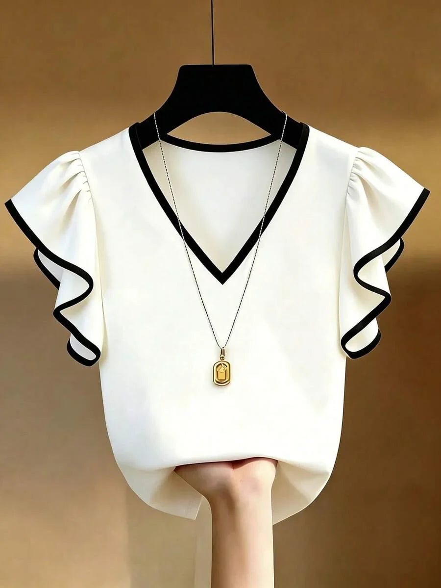 French Elegant V-Neck Black & White Contrast Ruffle Trim Short Sleeve Chiffon Blouse