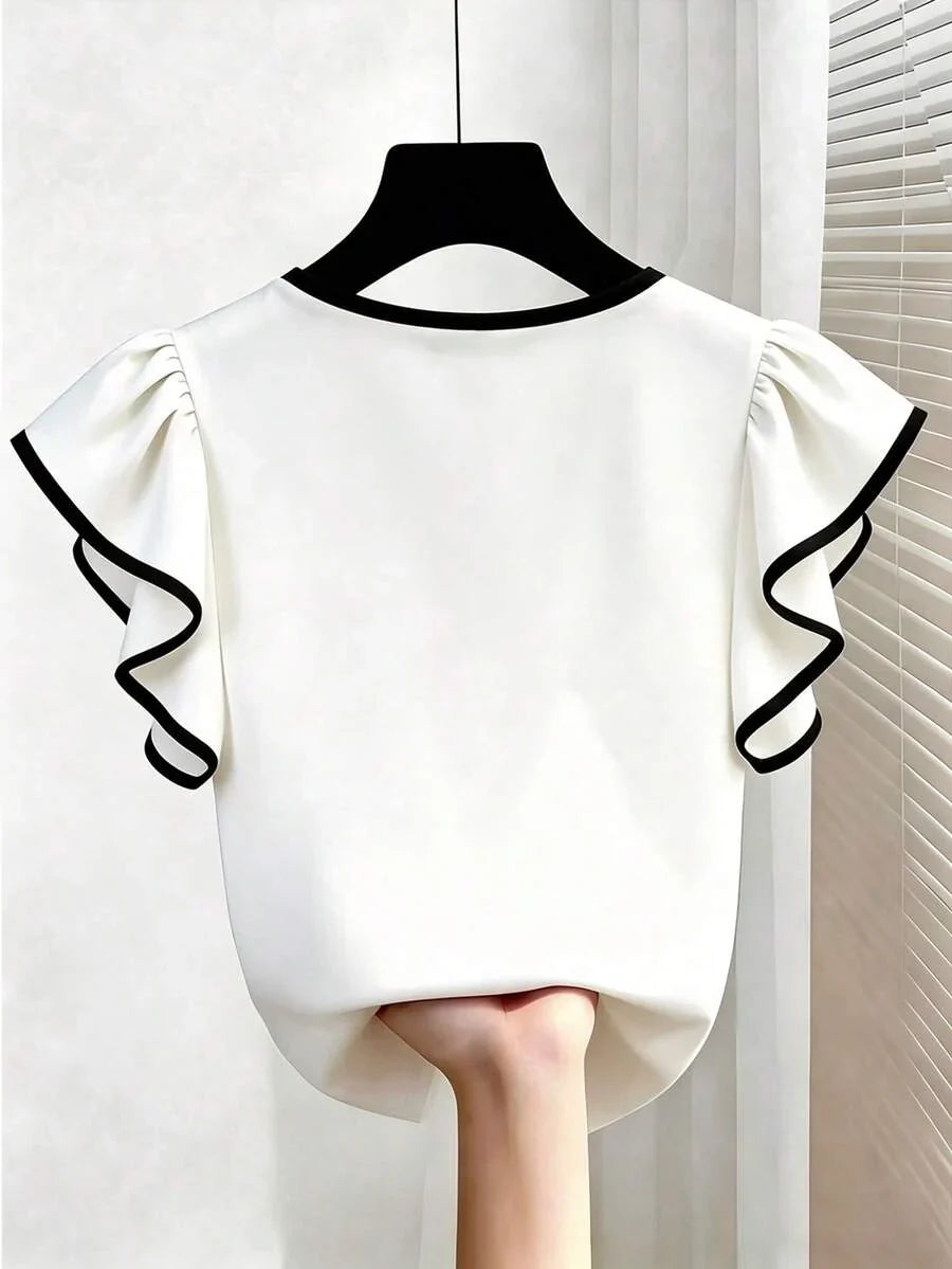 French Elegant V-Neck Black & White Contrast Ruffle Trim Short Sleeve Chiffon Blouse