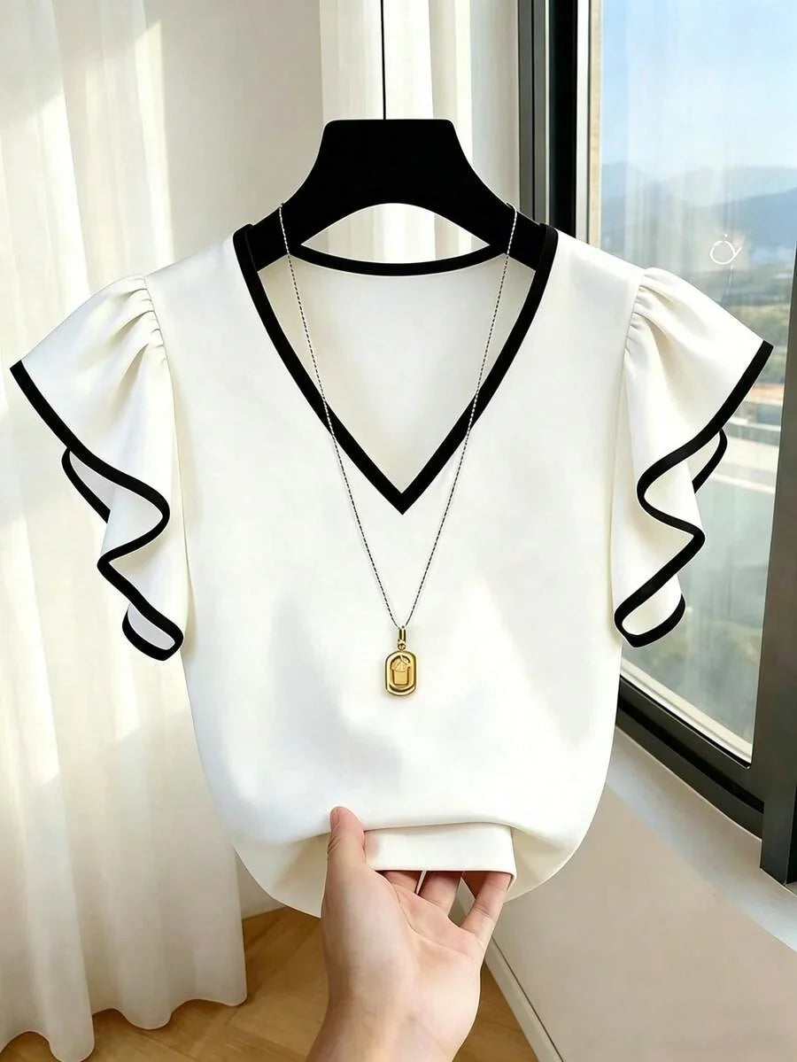French Elegant V-Neck Black & White Contrast Ruffle Trim Short Sleeve Chiffon Blouse