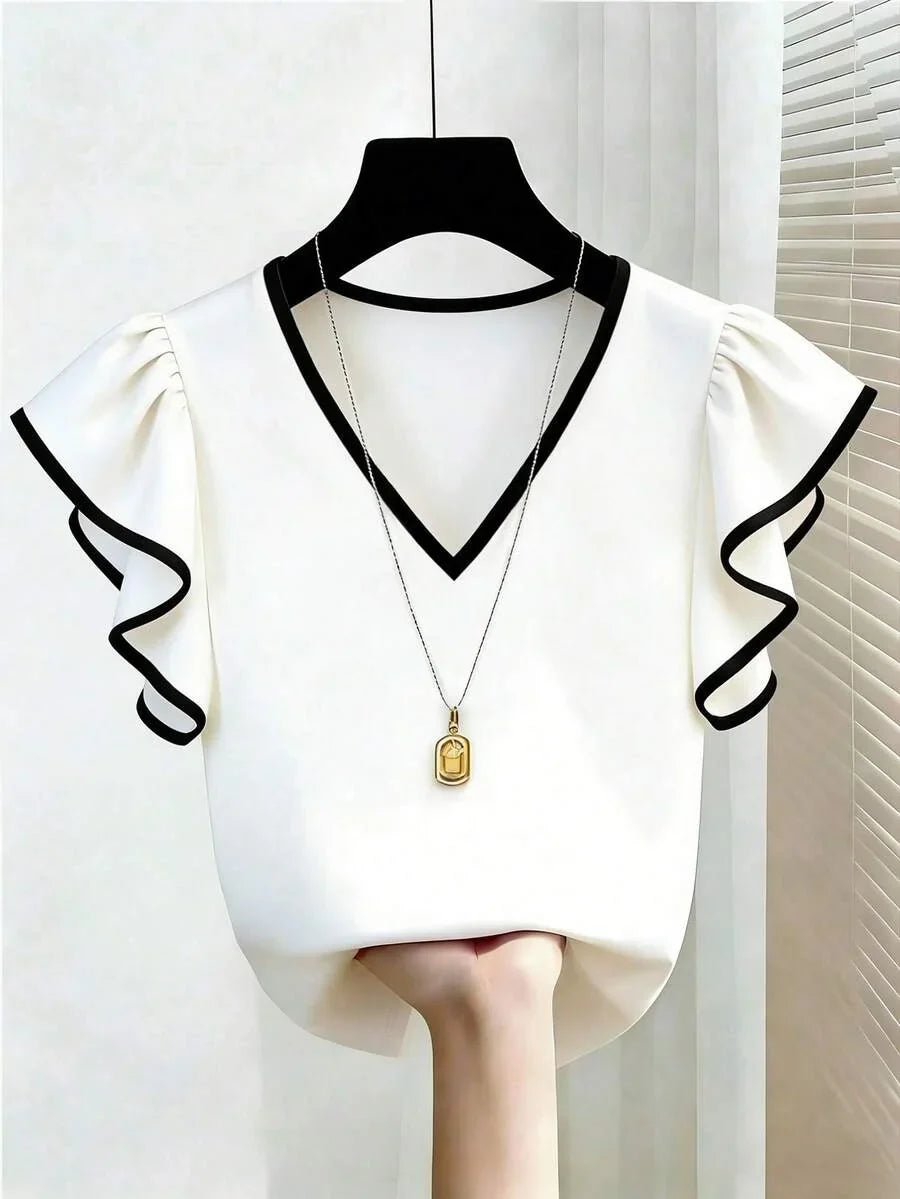 French Elegant V-Neck Black & White Contrast Ruffle Trim Short Sleeve Chiffon Blouse