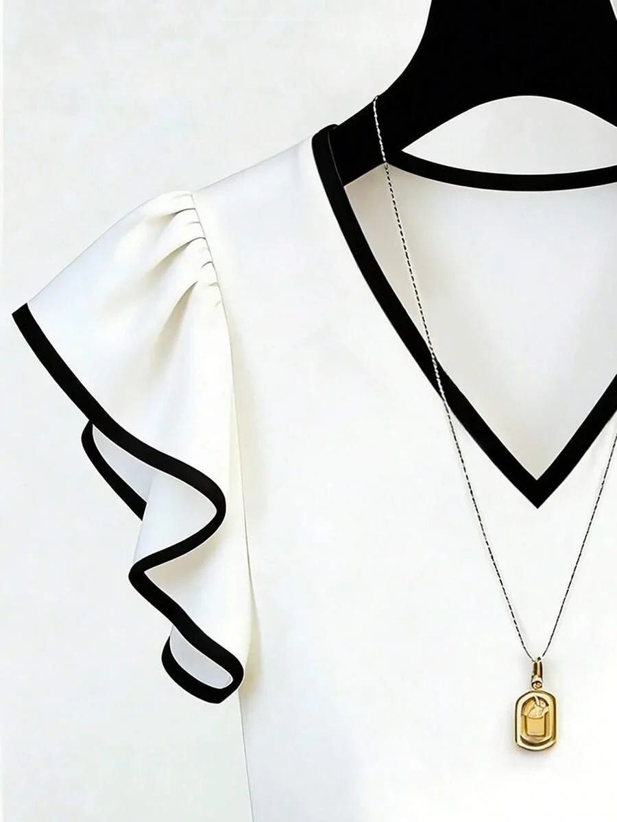 French Elegant V-Neck Black & White Contrast Ruffle Trim Short Sleeve Chiffon Blouse