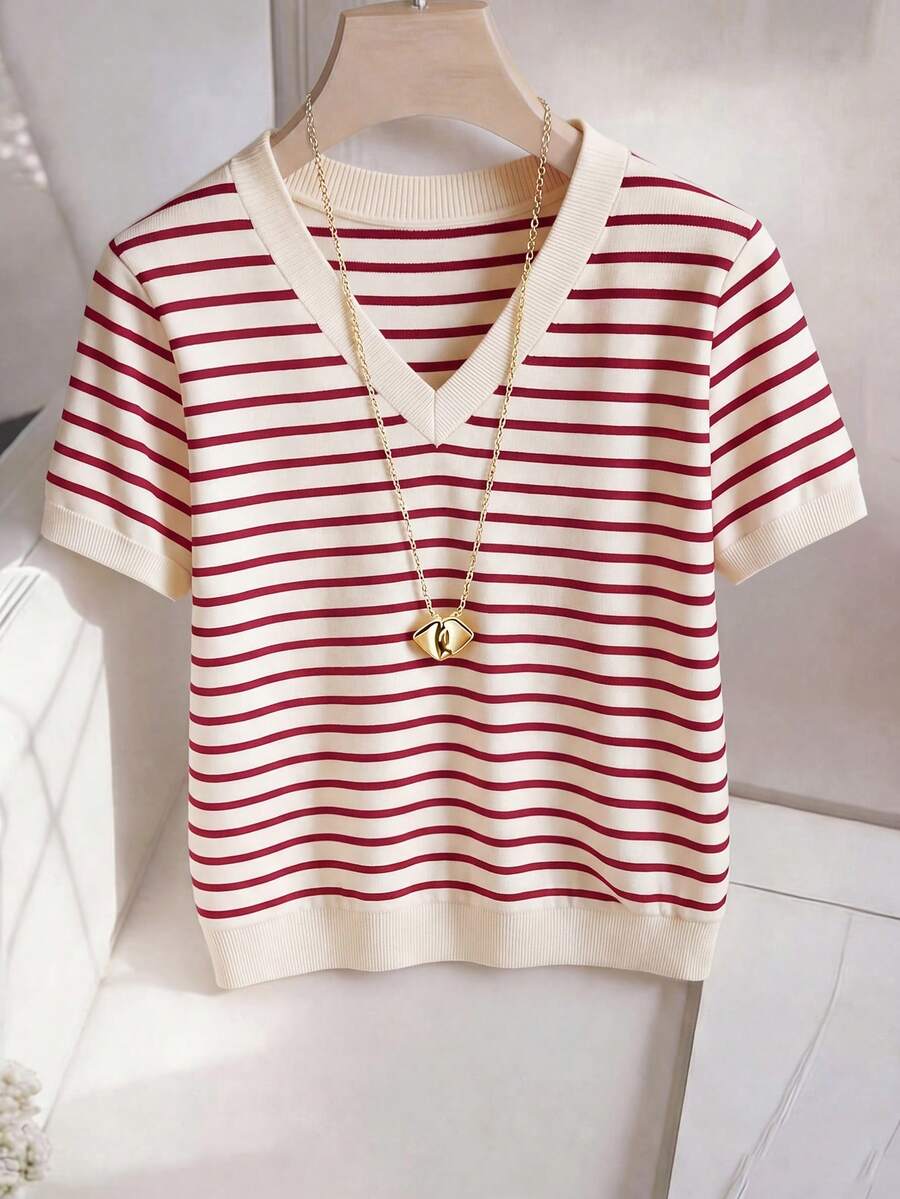 Striped V-Neck Short Sleeve T-Shirt For Women