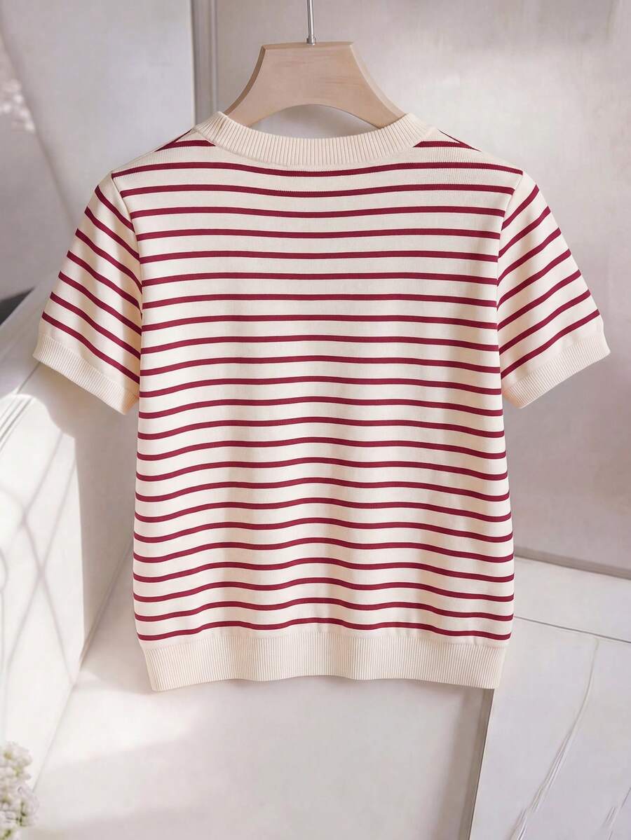 Striped V-Neck Short Sleeve T-Shirt For Women