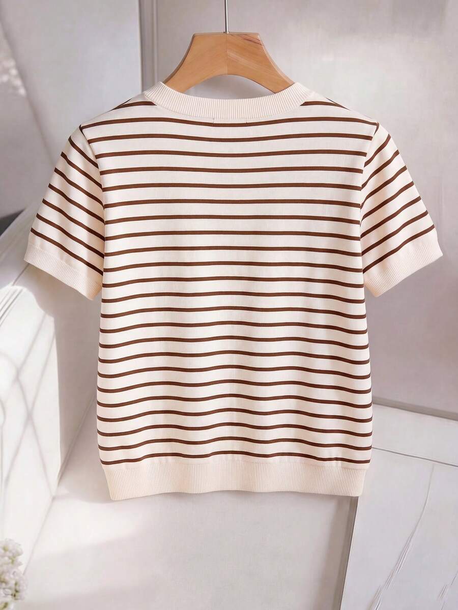 Striped V-Neck Short Sleeve T-Shirt For Women